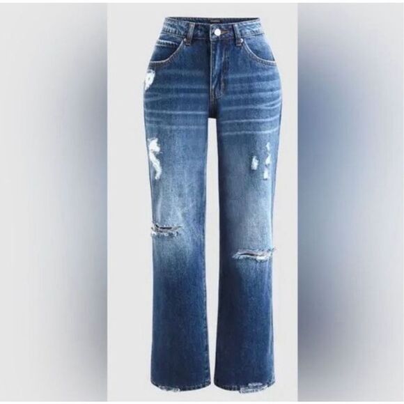Flamingals Ripped Distressed Raw Hem Straight Leg Jeans Women’s Blue Size L 6-8 - Picture 1 of 16